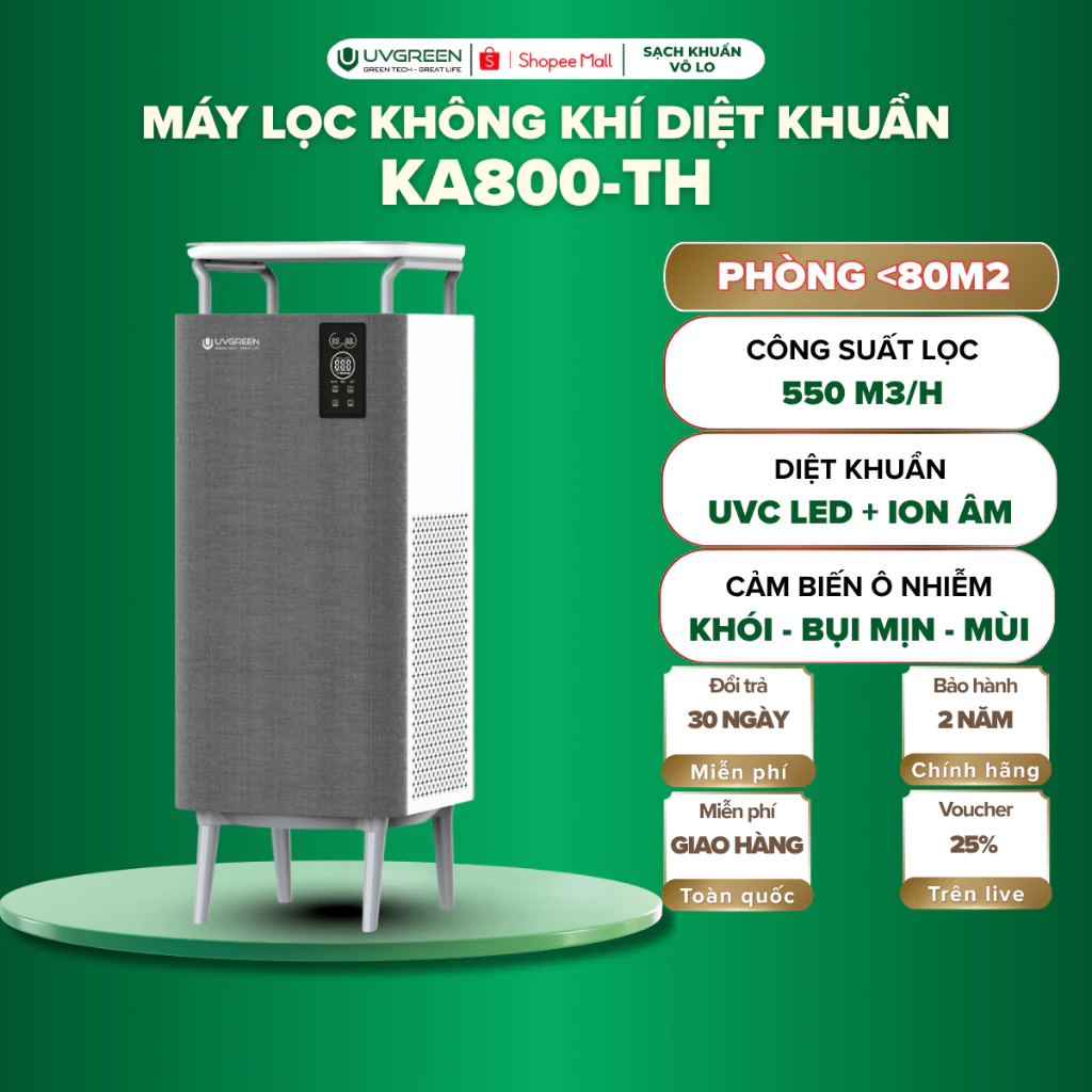 [HO] Máy Lọc Không Khí Diệt Khuẩn UVGREEN KA800 80m2 - Công Nghệ Ion Âm Và UVC Led Lọc Bụi Mịn, Mùi