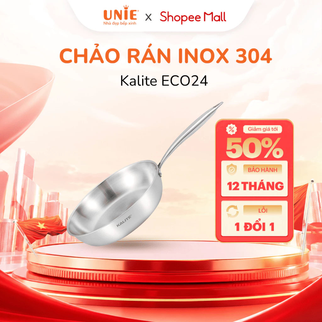 Chảo Rán Inox Chống Dính tự thân KALITE ECO 24 size chảo 24cm | Chảo Inox Liền Khối Không Vung