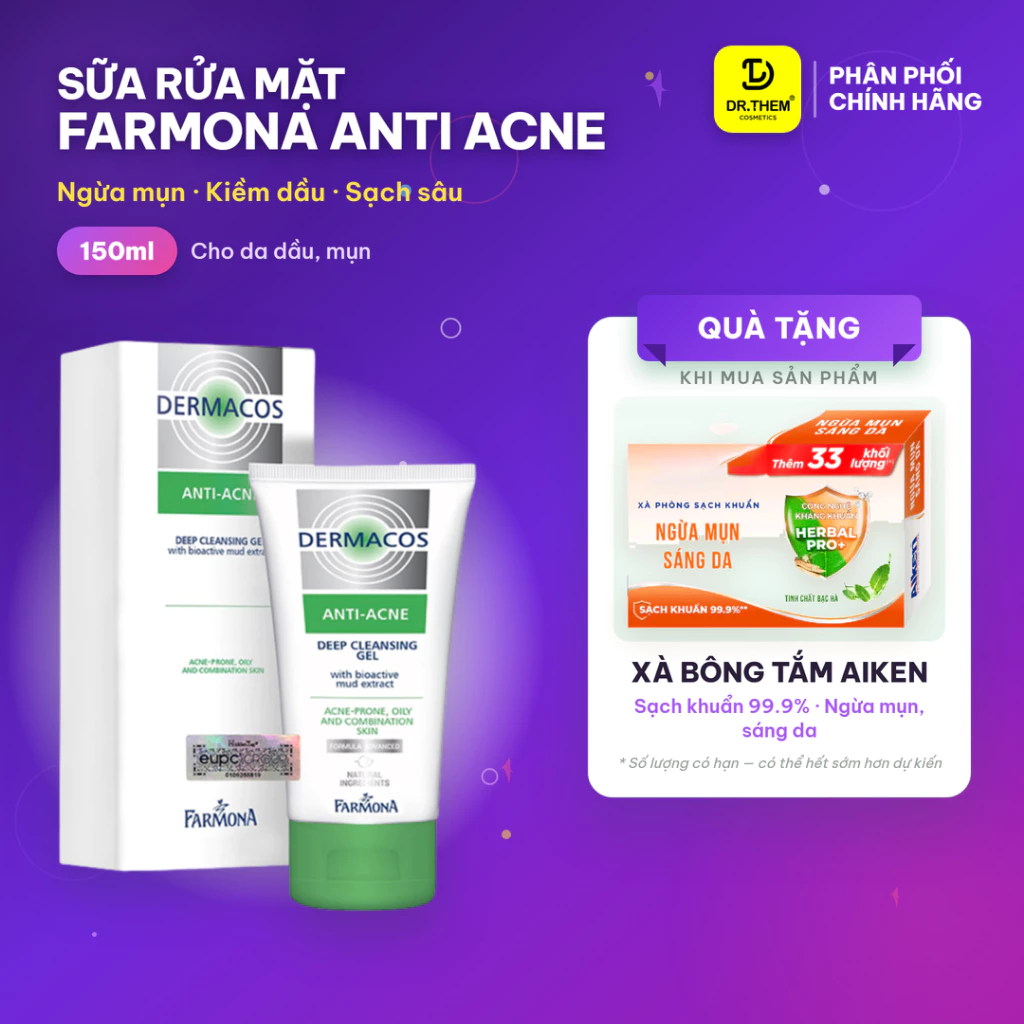 Gel Rửa Mặt Sạch Sâu Ngừa Mụn Dermacos Farmona Anti-Acne Deep Cleansing Gel 150ml – Cho Da Dầu Mụn - Dr Thêm