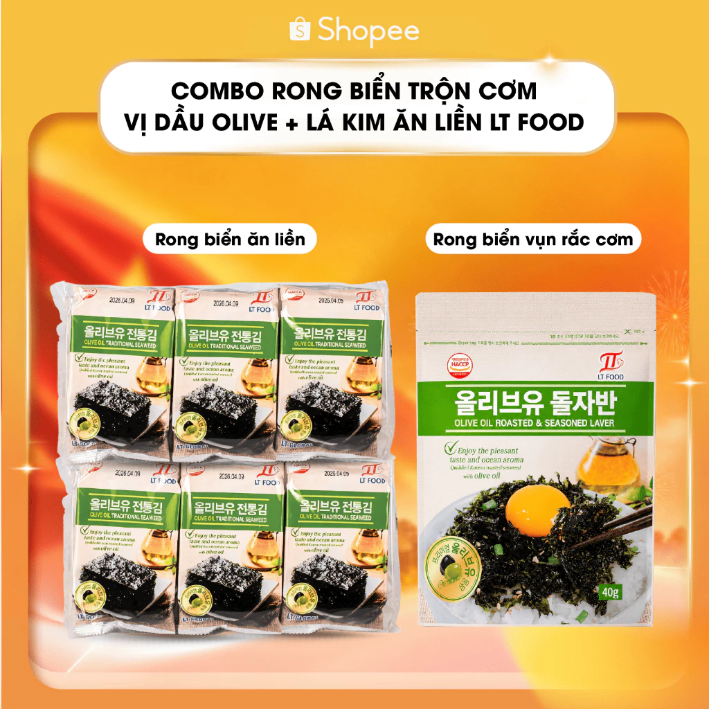 Combo Rong Biển Trộn Cơm Vị Dầu Olive + Lá Kim Ăn Liền LT Food Hàn Quốc (Chính Hãng LTFOOD)