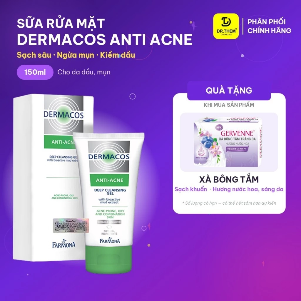 DERMACOS Sữa Rửa Mặt Farmona Dermacos Anti Acne Deep Cleansing Gel 150ml,Sạch Sâu Ngừa Mụn, Cho Da Dầu-Dr Thêm