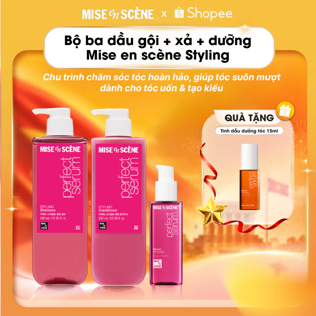 [680ML]Combo 3 Dầu Gội Xả Và Dầu Dưỡng Tóc Mise En Scène Perfect Serum Styling Giữ Nếp Tóc Uốn Sấy Phục Hồi Hàn Quốc
