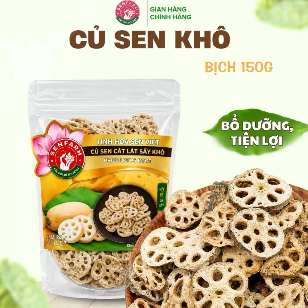 Củ Sen khô loại 1 thượng hạng Senfarm bịch 150g (nấu chè, nấu canh, pha trà) hỗ trợ cải thiện giấc ngủ, tốt cho tim mạch