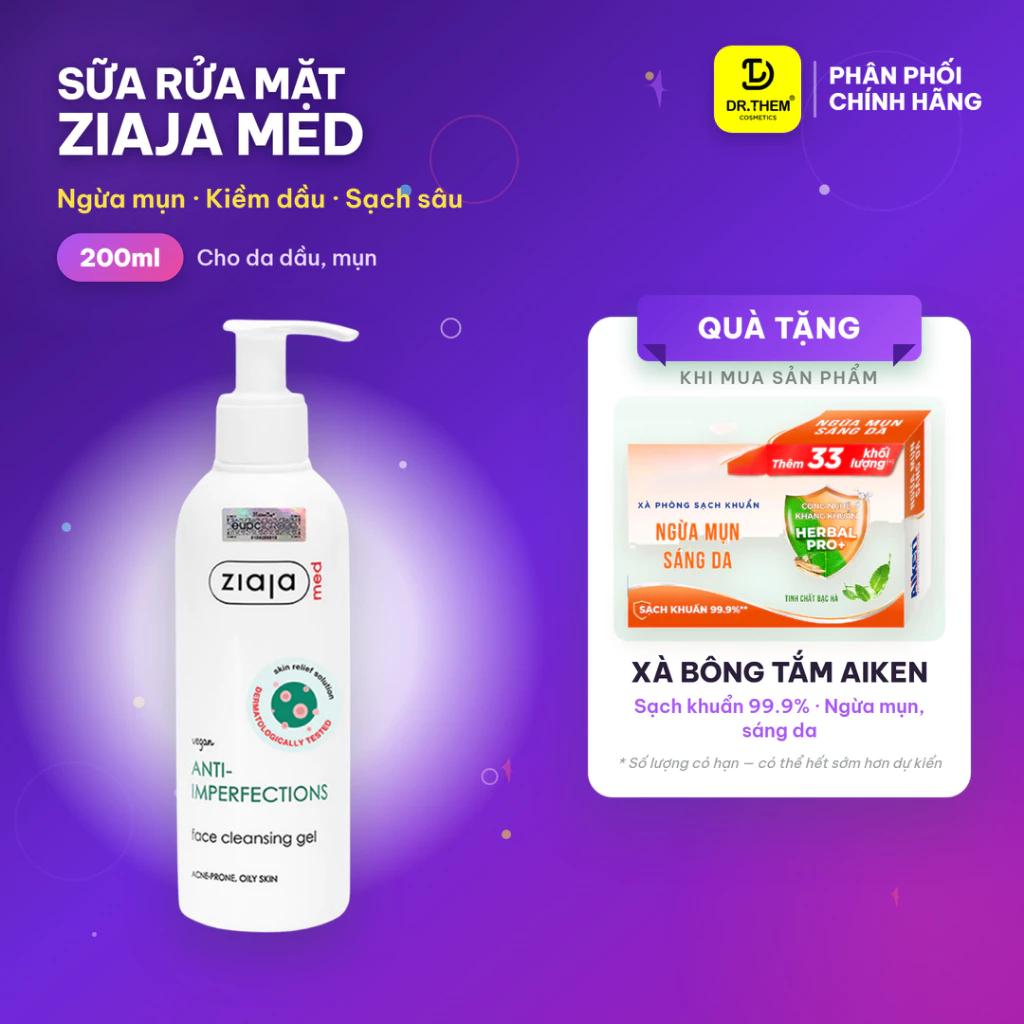 Sữa Rửa Mặt Giảm Mụn Ngừa Khuẩn - Ziaja Med Anti Imperfections Formula Cleansing Gel 200ml- Dr Thêm