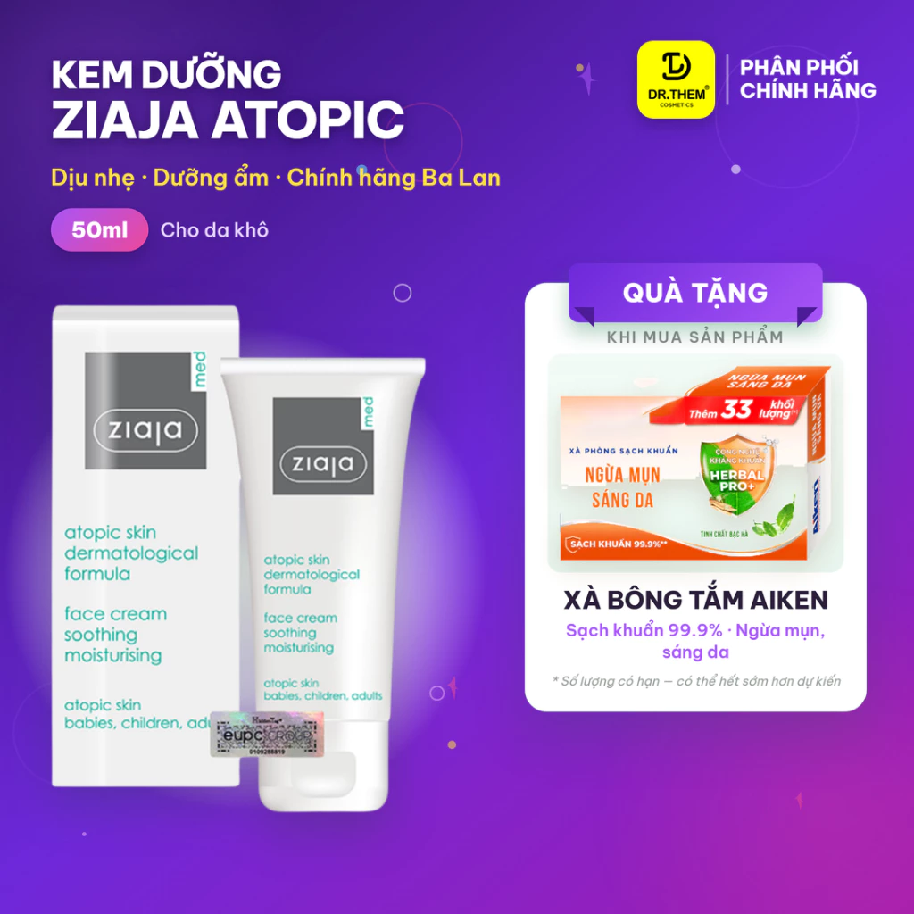 Kem Dưỡng Ziaja Med 5% Ure Dịu Nhẹ Dưỡng Ẩm 50ml, Atopic Skin Dermatological Formula Atopy Urê - Dr Thêm