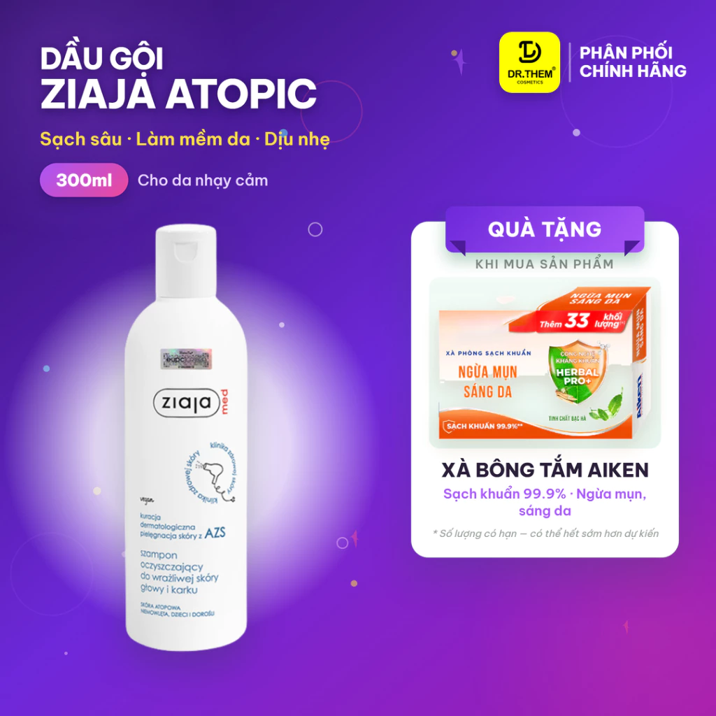 Dầu gội đầu Ziaja Med Atopic Dermatitis Cleansing Shampoo 300ml, Atopy Sạch tóc và Dịu Nhẹ Vùng Da Đầu Gáy- Dr Thêm