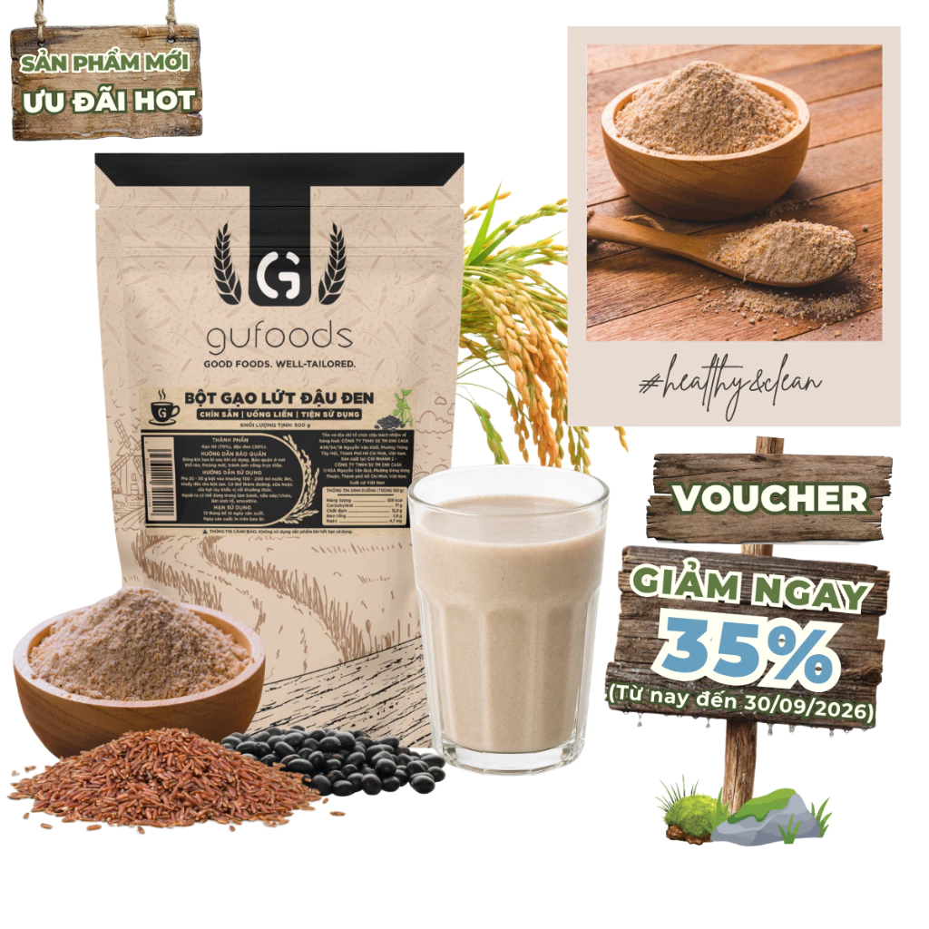 Bột gạo lứt đậu đen GUfoods - Chín sẵn, Uống liền, Dễ tiêu hoá, Healthy, Tiện lợi (túi zip 500g)