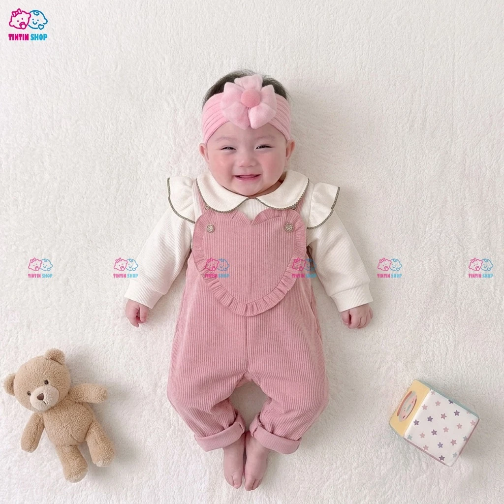 [Quần Yếm + Áo] Bộ quần áo yếm cho bé gái vải nhung tăm Bộ quần áo yếm xinh xắn TRAI TIM SLT159