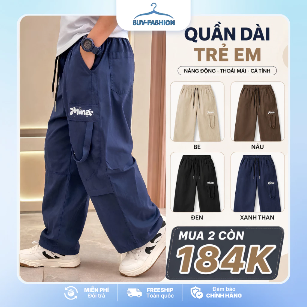 [18 - 46kg ] Quần Kaki Dây Chéo Dáng Suông Bé, Quần Kaki Vải Mềm Bo Chun Thể Thao Năng Động Cho Trẻ