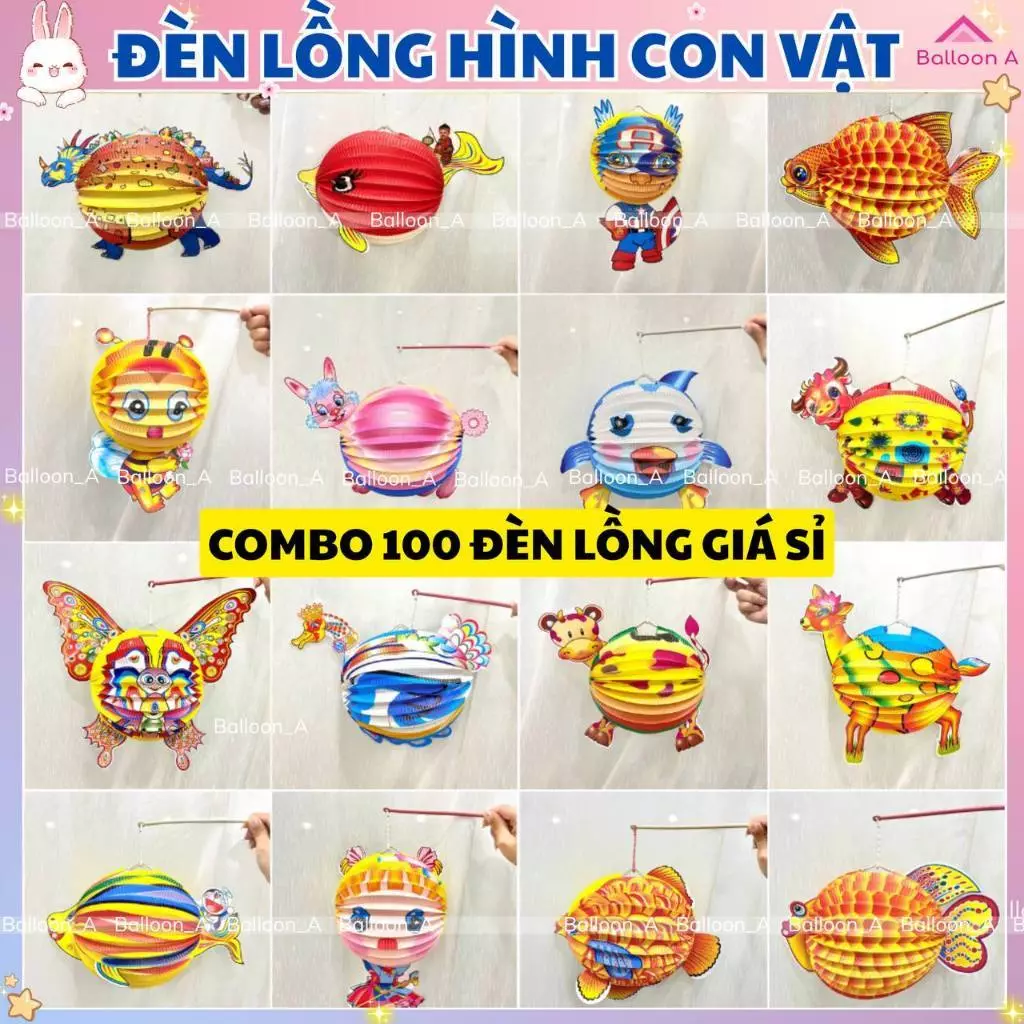 Sỉ 100 Đèn Lồng Trung Thu Hoạt Hình Bằng Giấy Xếp, Lồng Đèn Trung Thu Hình Trụ Giấy Xếp Hoạt Hình Đáng Yêu - Size Trung