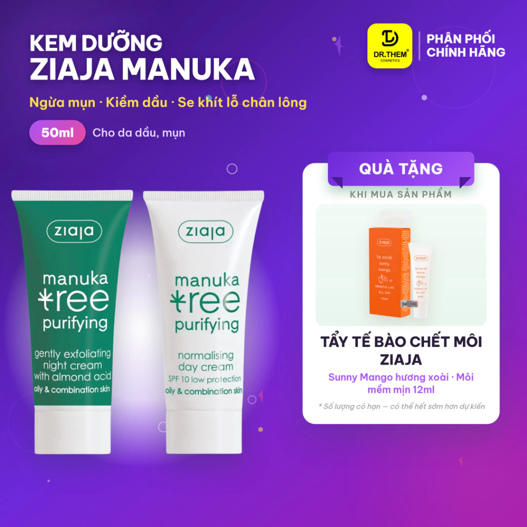 Kem Dưỡng Ziaja Giảm Mụn, Kiểm Soát Dầu Ziaja Manuka Tree Purifyin Ngày / Đêm 50ml - Dr Thêm