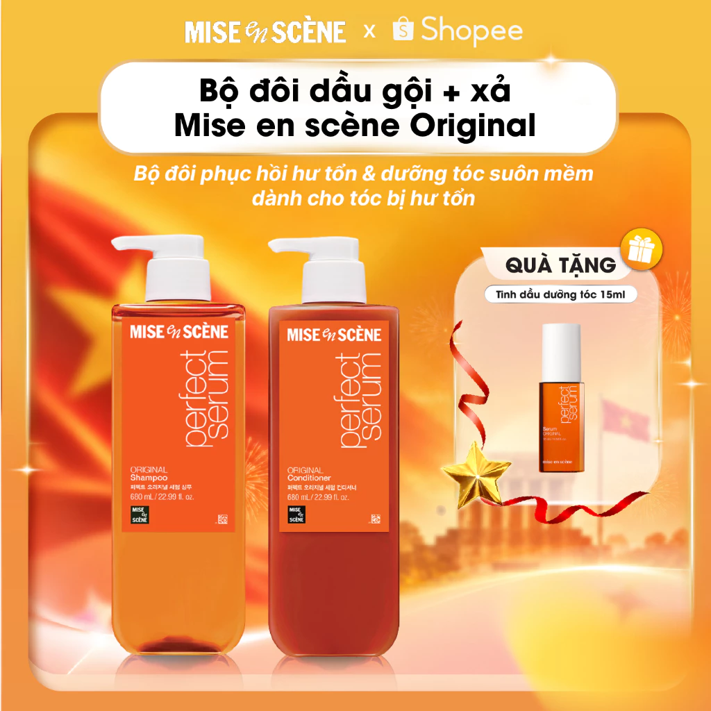 [SIZE LỚN 680ML] Combo Gội - Xả mise en scène Perfect Serum Original phục hồi tóc hư tổn, giúp tóc suôn mượt, bồng bềnh