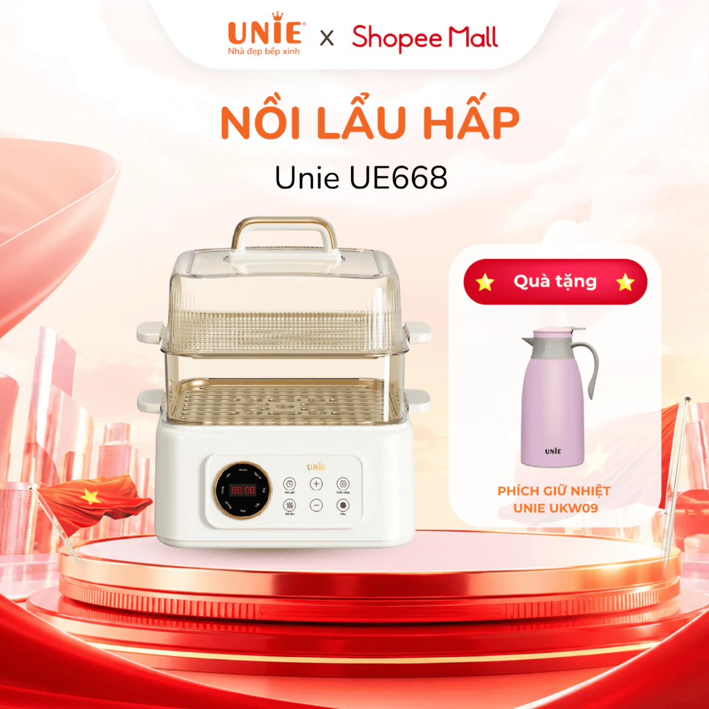 [Tặng kèm phích] Nồi lẩu hấp đa năng UNIE UE668,lòng nồi phủ ceramic, dung tích 10L, 2 tầng hấp, hấp gà nguyên con