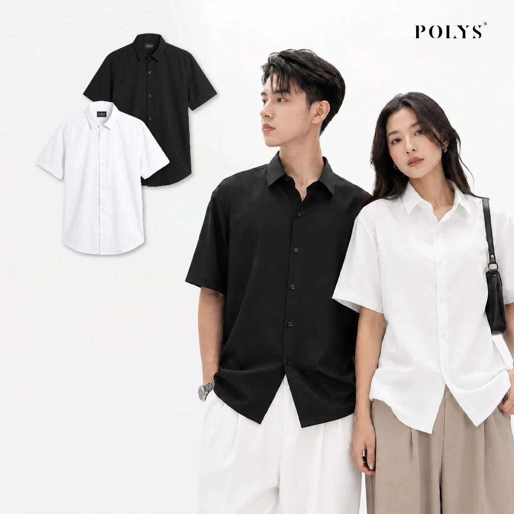 Áo sơ mi nam tay ngắn Trắng Đen POLYS, Vải Chéo Thái mềm mịn Sơ mi Trắng Đen Tay Ngắn BASIC