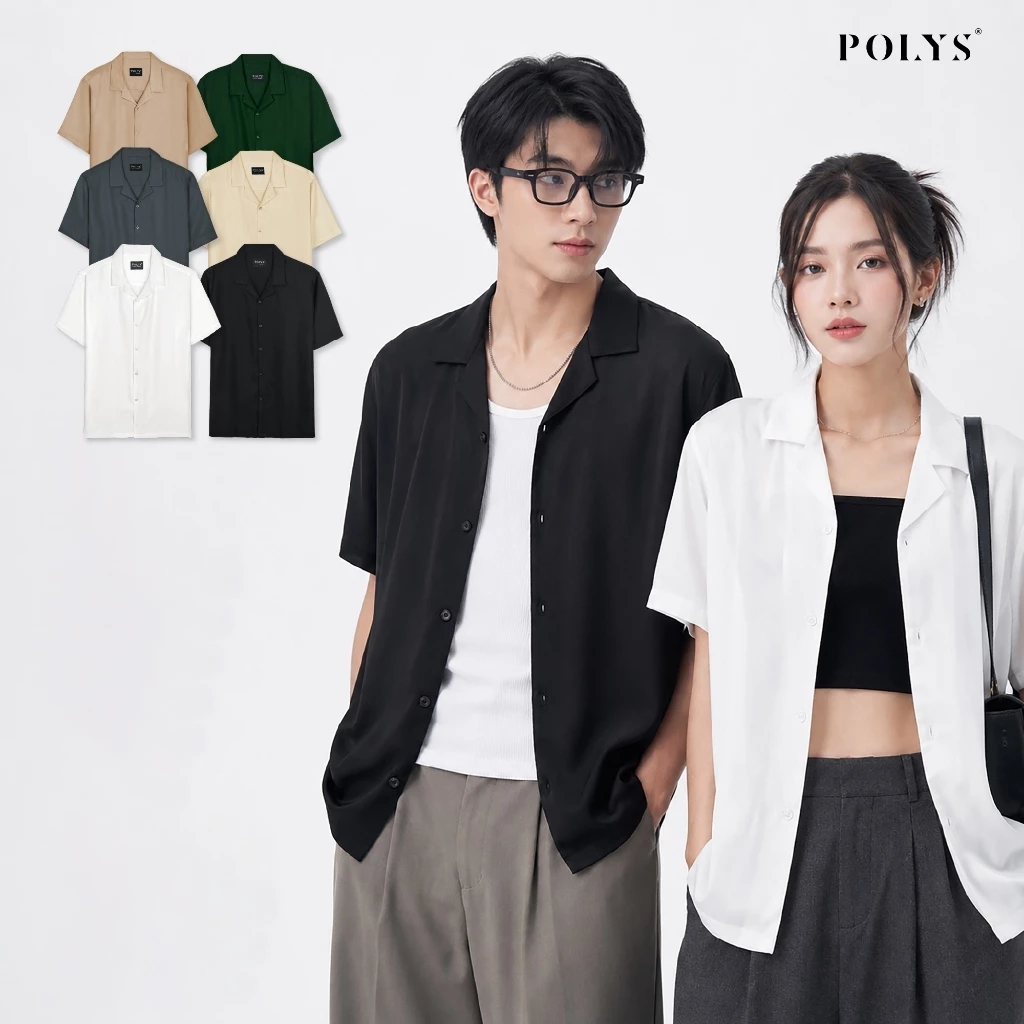 Áo sơ mi nam POLYS, Vải Chéo Thái 6 Màu dày dặn. Áo sơ mi tay ngắn Cổ Vest CUBAN SHIRT