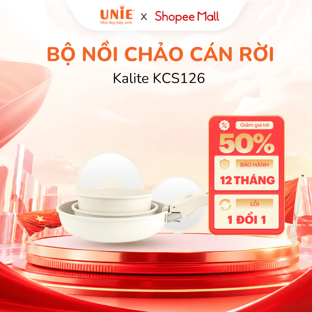 Bộ nồi chảo cán rời Kalite Heritage KCS126 phủ chống dính ceramic, thiết kế 6 món xếp chồng gọn gàng, dùng mọi loại bếp