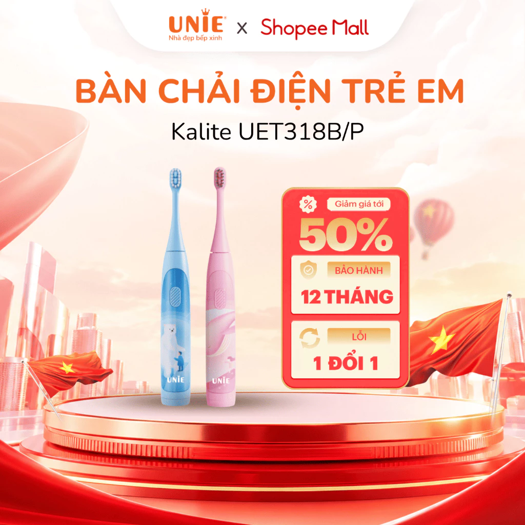 Bàn Chải Điện Trẻ Em UNIE Kidtini UET318B/P Bảo Vệ Men Răng, Lông Dupont Cao Cấp Mềm Mại,Kháng Khuẩn