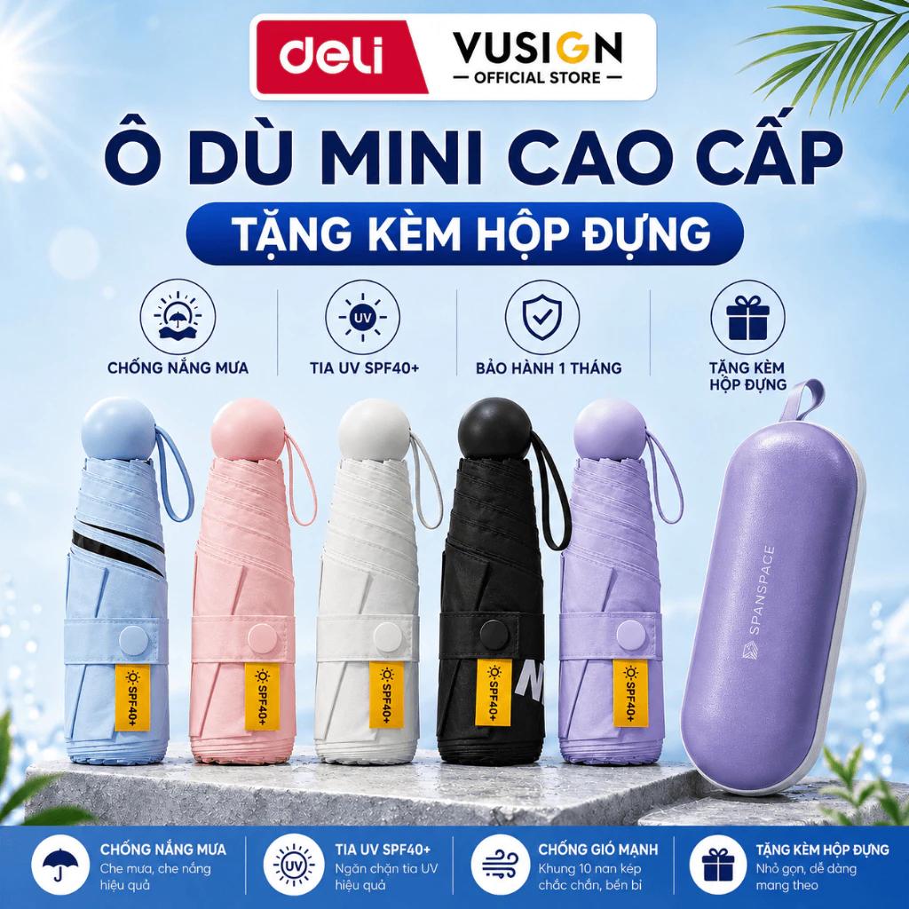 Ô Dù Mini Deli Spanspace Gấp Gọn Bỏ Túi Chống Tia UV Cao Cấp Che Nắng Mưa Du Lịch Đi Học