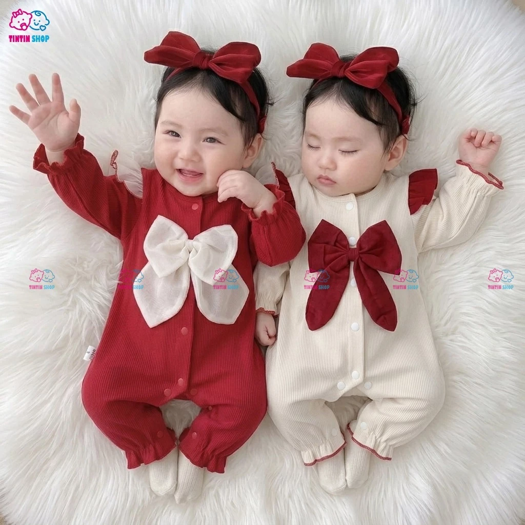 Bodysuit cho bé gái vải nhung tăm Body dài tay thu đông dễ thương xinh xắn cho bé gái NƠ TO SLT135