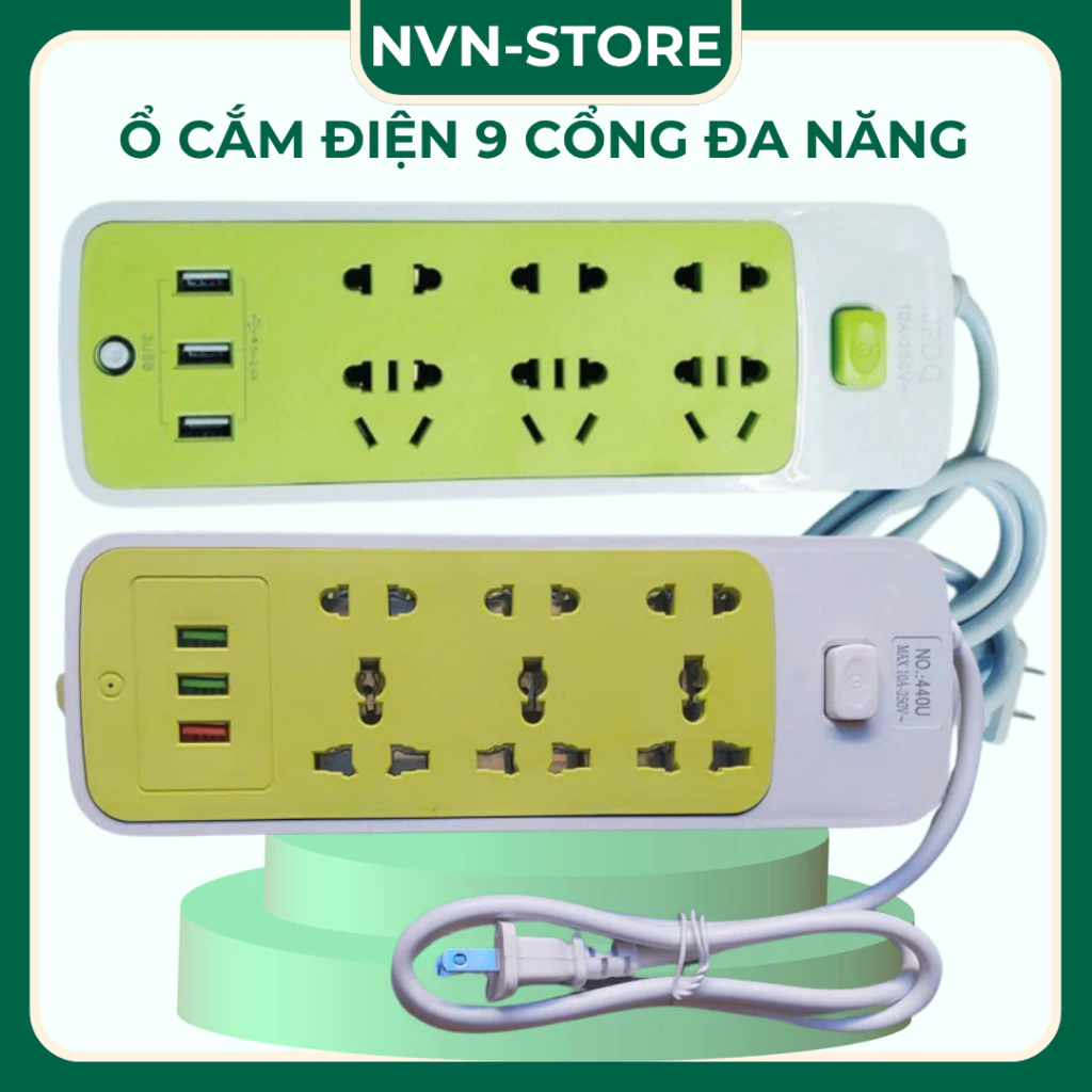 Ổ điện đa năng 9 cổng đa dạng tiện lợi (màu xanh lá)