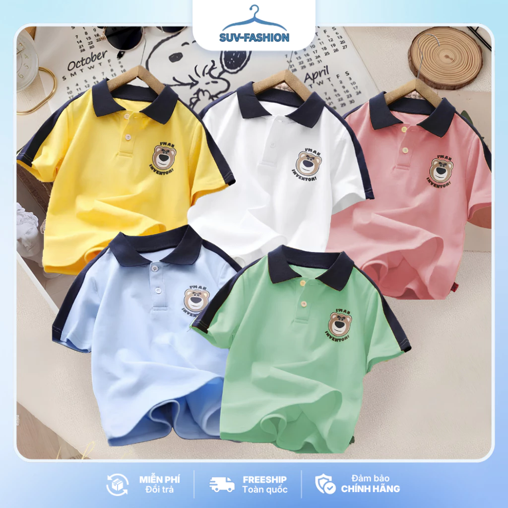 [ PoLo Đi Học ] 15-40kg Áo Polo Gấu cho bé đi học pha đố tay dành cho bé trai, bé gái, chất thun cotton co giãn 4 chiều