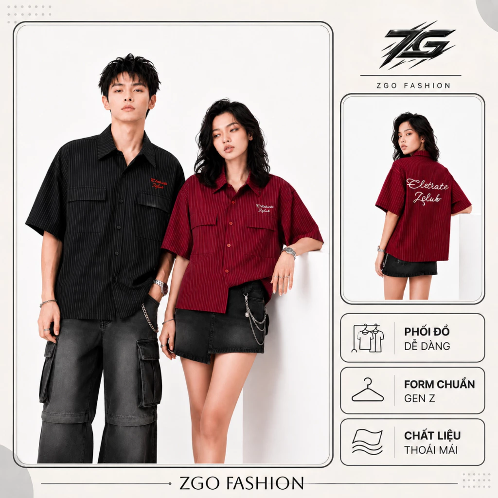Áo sơ mi boxy nam nữ ZGO Thêu 2 mặt túi hộp họa tiết kẻ sọc Hot Trend -AZG16