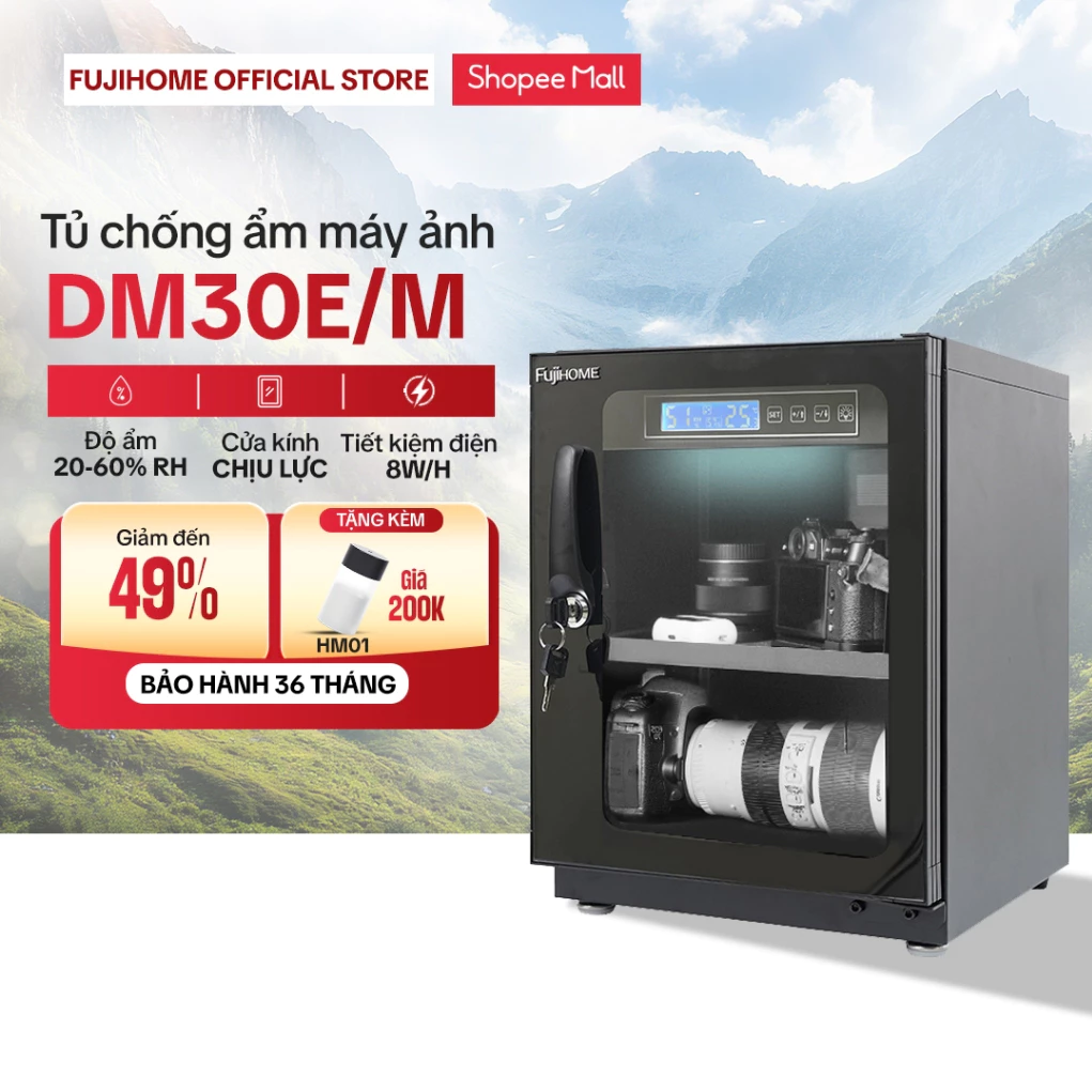 Tủ chống ẩm máy ảnh 30L Nhập Khẩu FUJIHOME, tủ hút ẩm điện tử 3 ngăn chống xước dry cabinet tiết kiệm điện