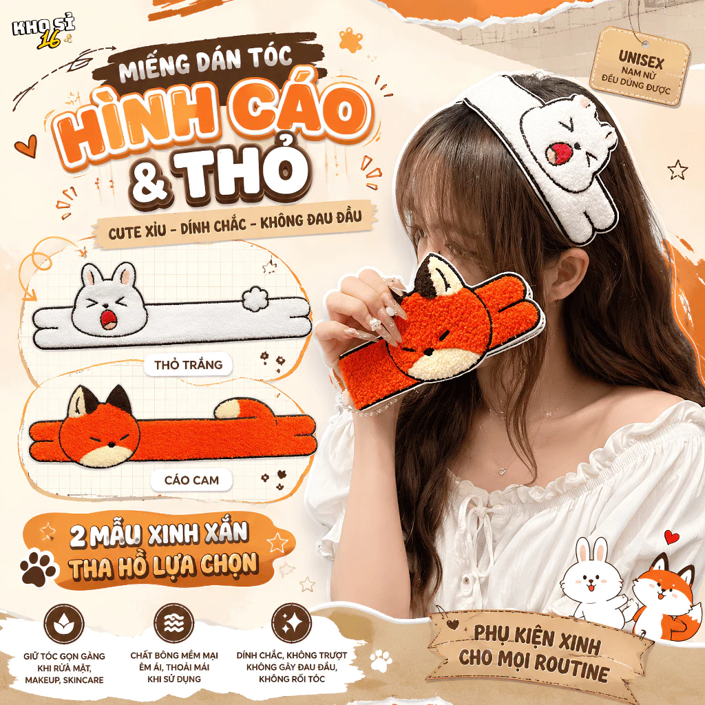 Miếng Dán Tóc Hình Thỏ Cáo Cute, Giữ Tóc Con Tóc Mái Gọn Gàng Khi Trang Điểm Rửa Mặt Cho Nữ_khosi16