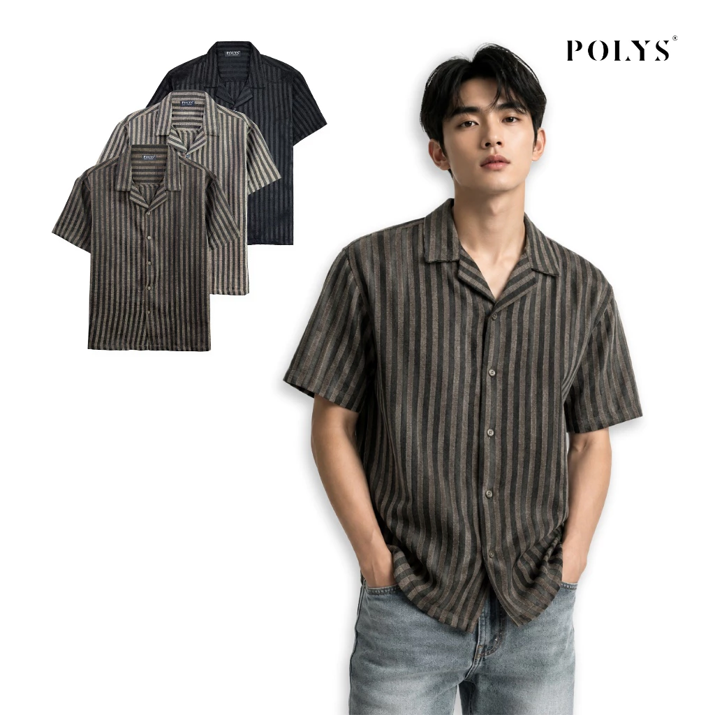 Áo Sơ Mi Nam Sọc Dọc POLYS, Vải Dệt Texture Sang Trọng, Áo Sơ Mi Nam Ngắn Tay RAYON