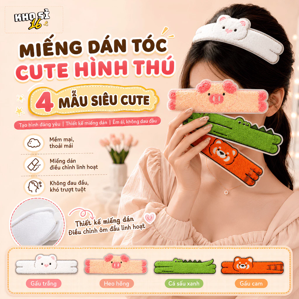 Miếng Dán Tóc Hình Cá Sấu Heo Gấu Hoạt Hình, Giữ Tóc Mái Gọn Gàng Khi Rửa Mặt Và Makeup Cho Nữ_khosi16