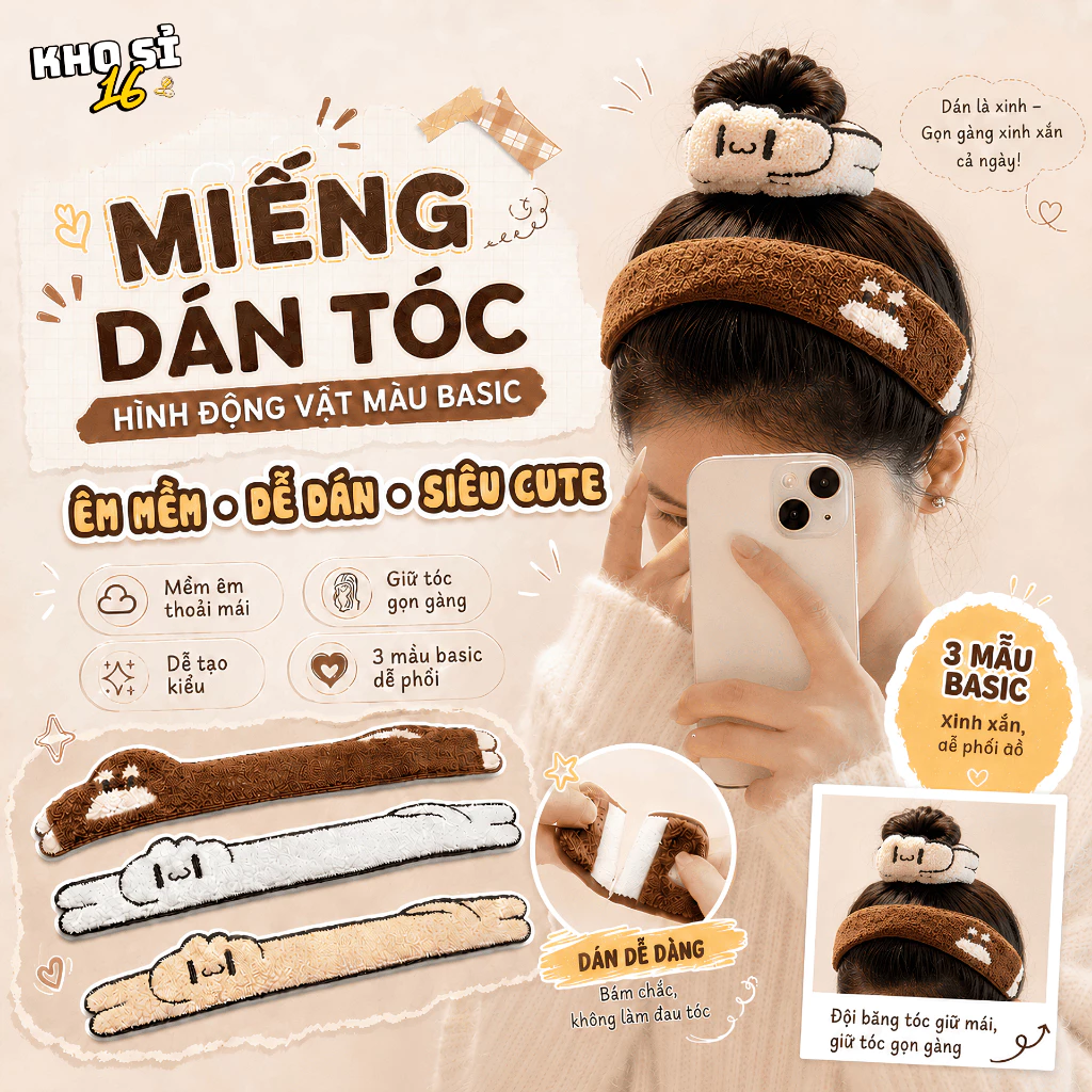 Miếng Dán Tóc Hình Thú Cute Tông Nâu Kem, Giữ Tóc Con Tóc Mái Gọn Khi Trang Điểm Rửa Mặt Cho Nữ_khosi16