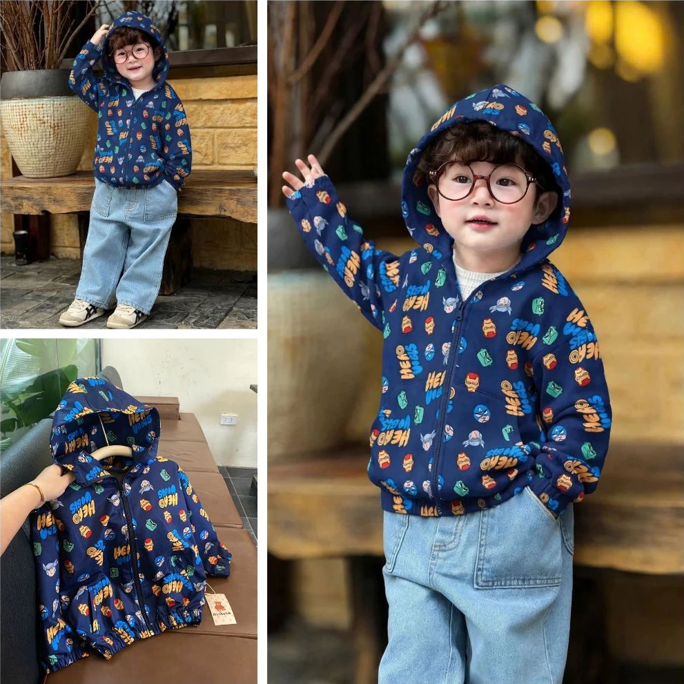 Áo khoác bé trai 2 lớp, Áo khoác gió lót lưới hero vibes cho bé mặc thu đông [9-24kg]