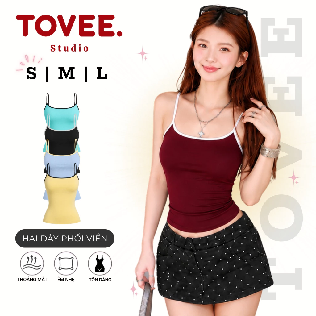 Áo HAI DÂY PHỐI VIỀN MÀU Chất Borip Lụa Ôm Body DD24, Áo 2 Dây Mix Màu Tôn Dáng Basic TOVEE