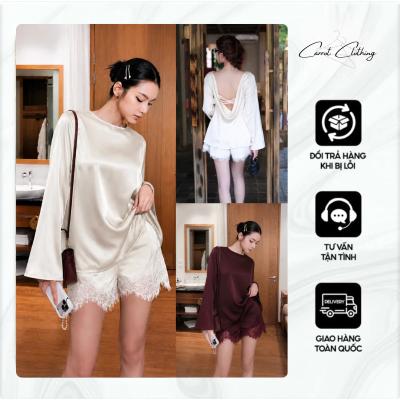 ( BIGSIZE - SẴN ) VN132 SET ÁO LỤA PHỐI REN HỞ LƯNG PHỐI “ CHUN NƠ “ KÈM QUẦN SANG CHẢNH BY CARROTSHOP