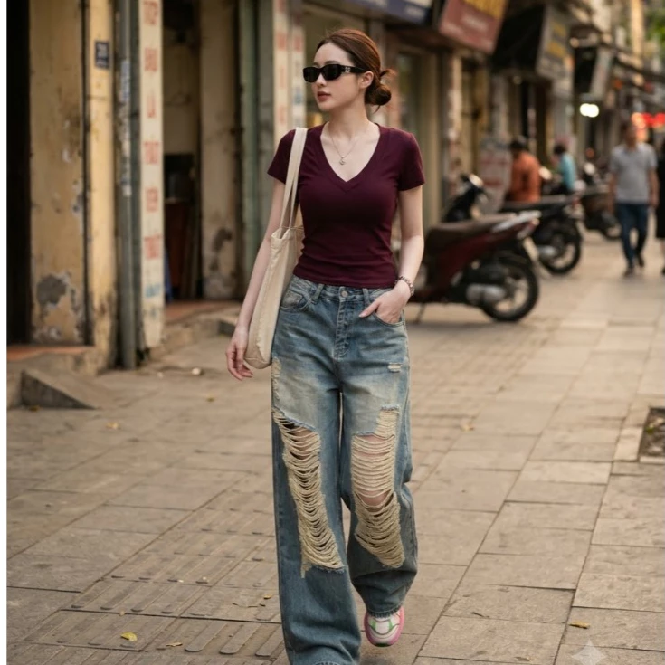 Quần jean Nữ Suông, Quần Baggy Jean Nữ Ống Rộng hack dáng chất bò mềm thời trang trẻ trung - MQ079