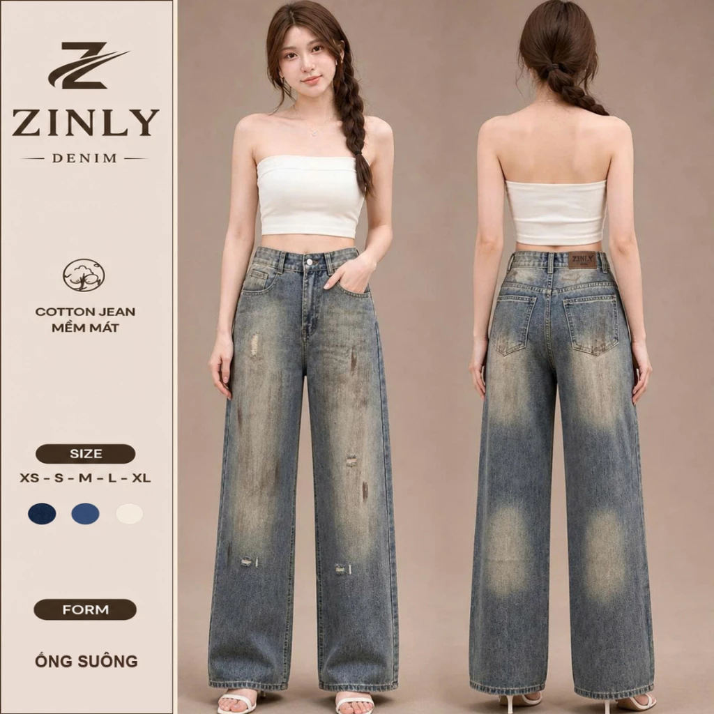 Quần Jean Nữ Ống Suông Cạp Cao Thời Trang Phối Sơn Kiểu Mới 2026 Có Fom 95 Và 105cm Cotton Mát Không Co Giãn Q467