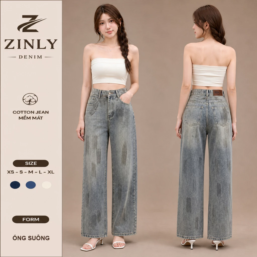 uần Jean Nữ Ống Suông Cạp Cao Thời Trang Phối Sơn Kiểu Mới 2026 Có Fom 95 Và 105cm Cotton Mát Không Co Giãn Q466