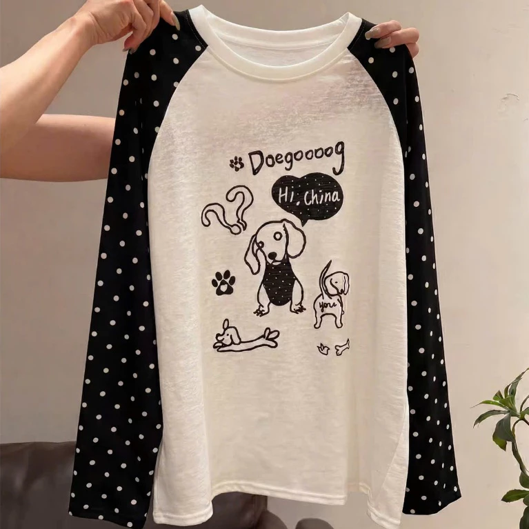Áo thun nữ tay dài phối chấm bi MENINA, áo thun dài tay chất xược dáng rộng in hình thời trang.