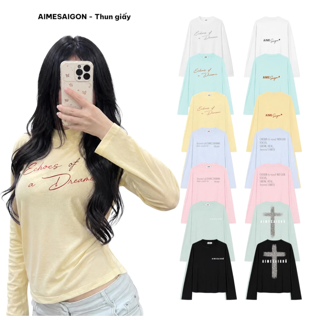 Aimesaigon Áo Thun Giấy Mỏng Tay Dài Long Sleeve Mùa Hè Boxy AIMÉ Form Rộng Cổ Tròn Mềm Mát Unisex Nam Nữ Basic - ATG01