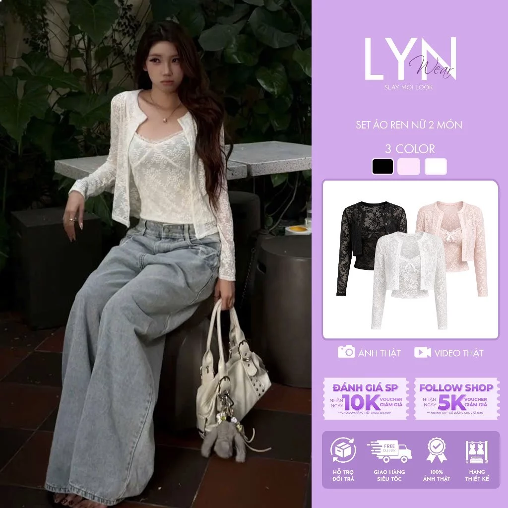 | LYN WEAR | Set Áo Ren Nữ 2 Món Áo Hai Dây Kèm Cardigan Ren Tay Dài kiểu Xuyên Thấu