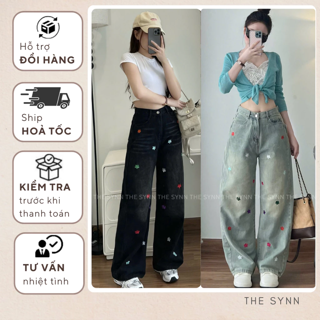 Q40 (S-XXL 103-105cm) - Quần Jeans Nữ Ống Suông Form Rộng Thêu Hoa Nhiều Màu