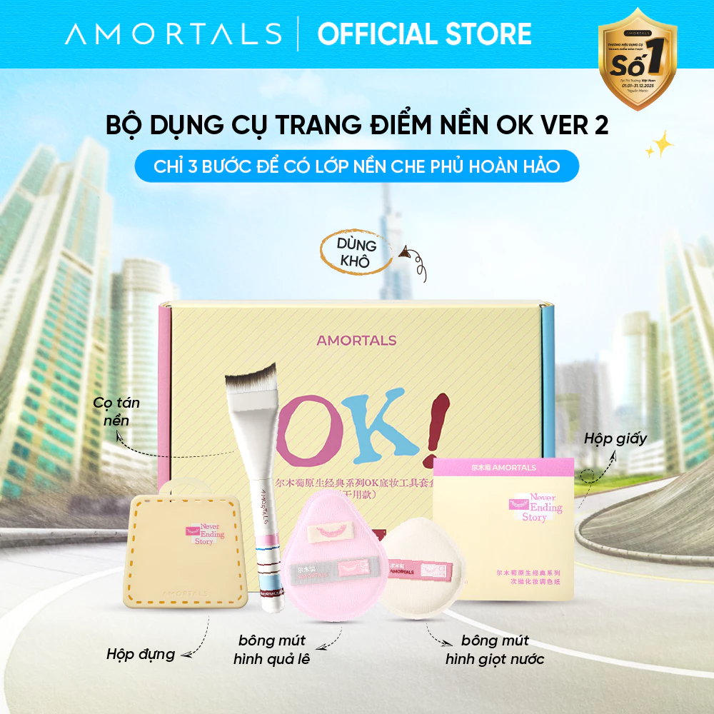 [BD] Bộ Bông Mút & Cọ Tán Nền Amortals OK Ver 2 Dùng Khô  – Dễ dàng tạo lớp nền mịn mướt, độ che phủ cao, Mekup nhanh