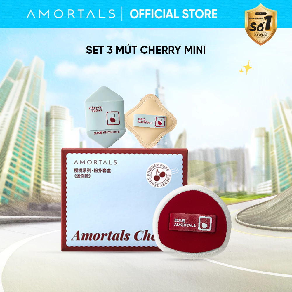 Set 3 Bông Mút Trang Điểm Mini Cherry AMORTALS – Tán Nền Chi Tiết, Không Vết, Makeup Trong Veo, Bộ 3 Mút Đa Năng (NBR +
