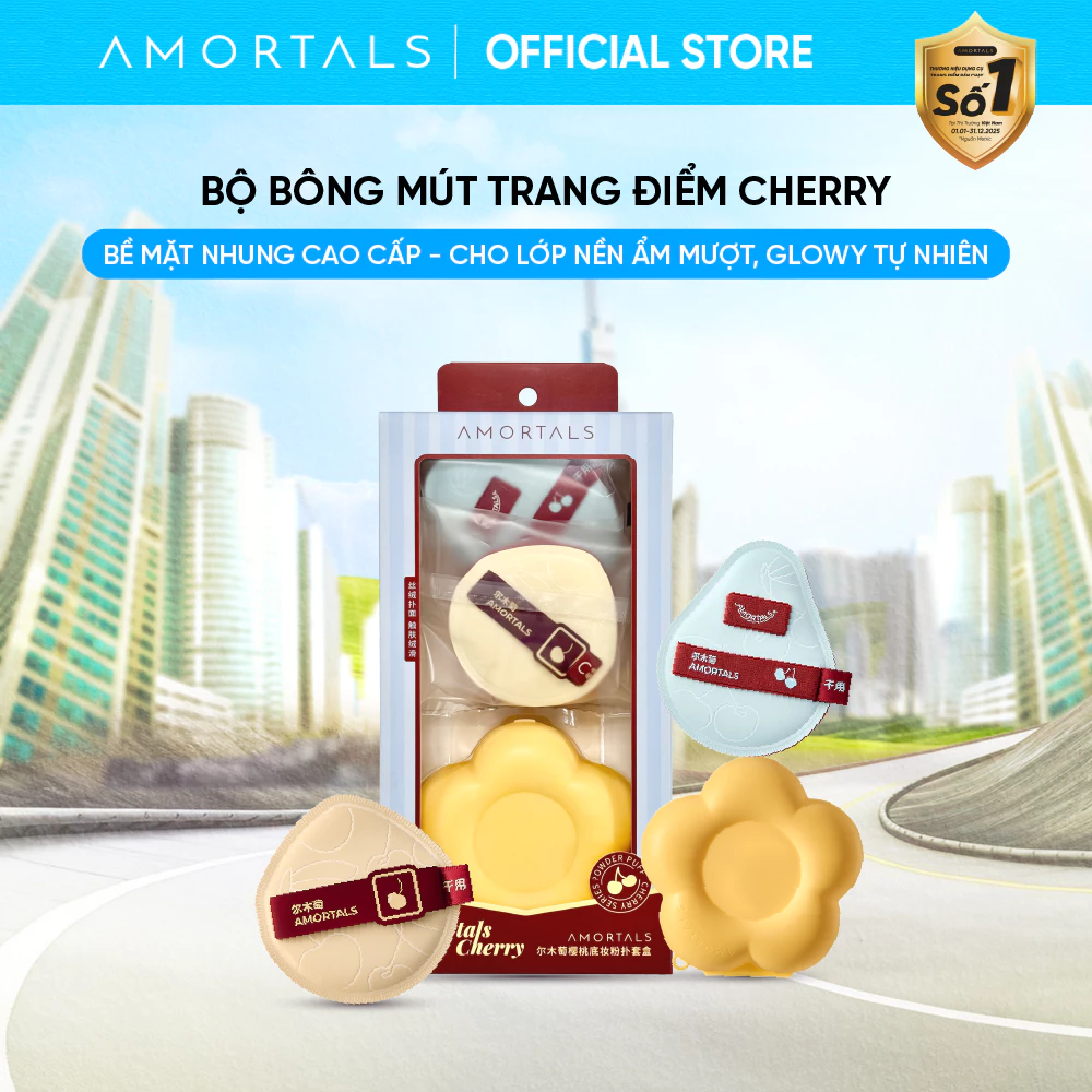 [BD] Bông Mút Trang Điểm Amortals Cherry 2 Series – Bề Mặt Nhung Mịn, Đàn Hồi, Tán Nền Nhanh, Không Hút Kem, Kèm Hộp Hoa