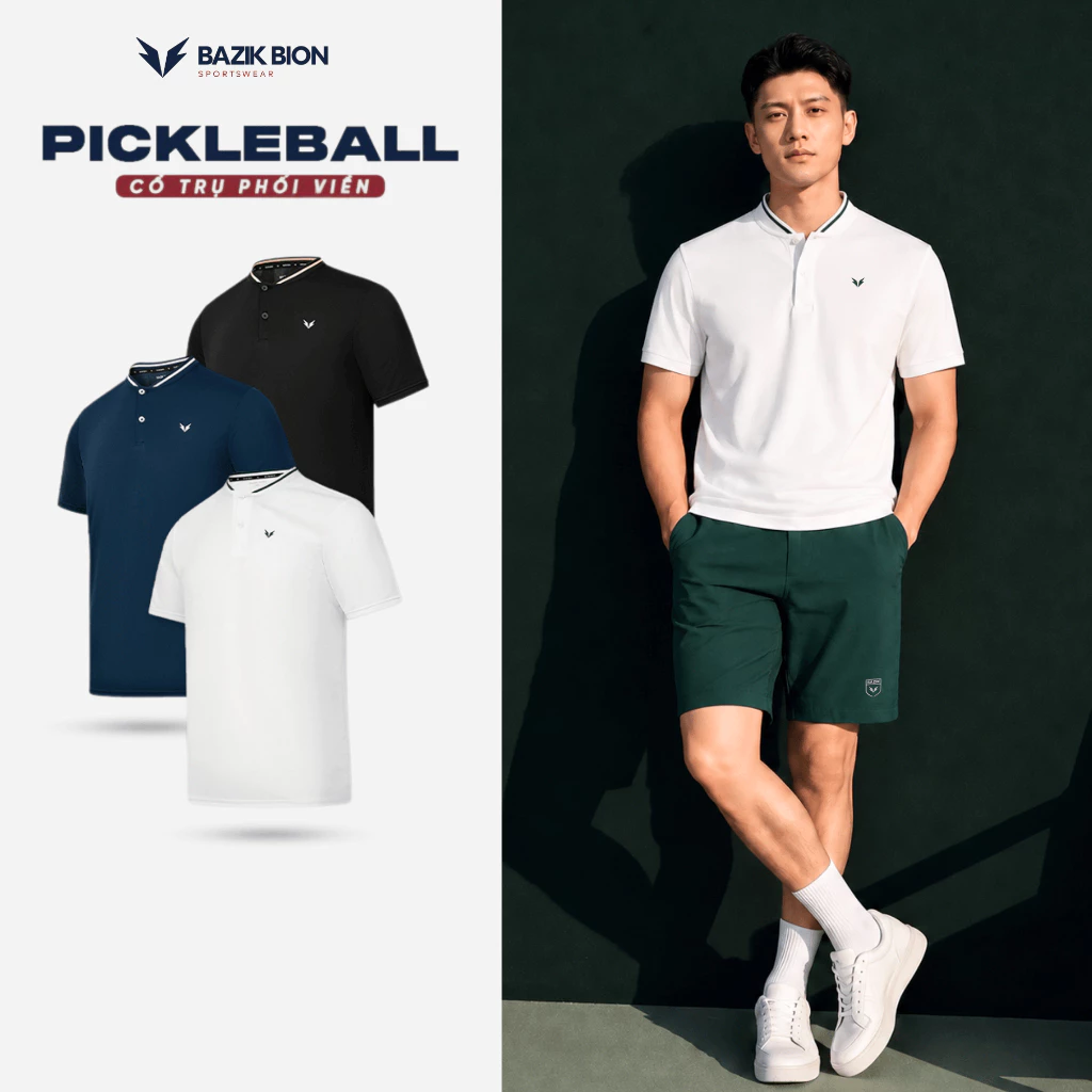 Áo Thun Thể Thao Nam Pickleball BAZIK BION Cổ Trụ Phối Viền Thấm hút mồ hôi, Nhanh khô, Vận động thoái mái - A65