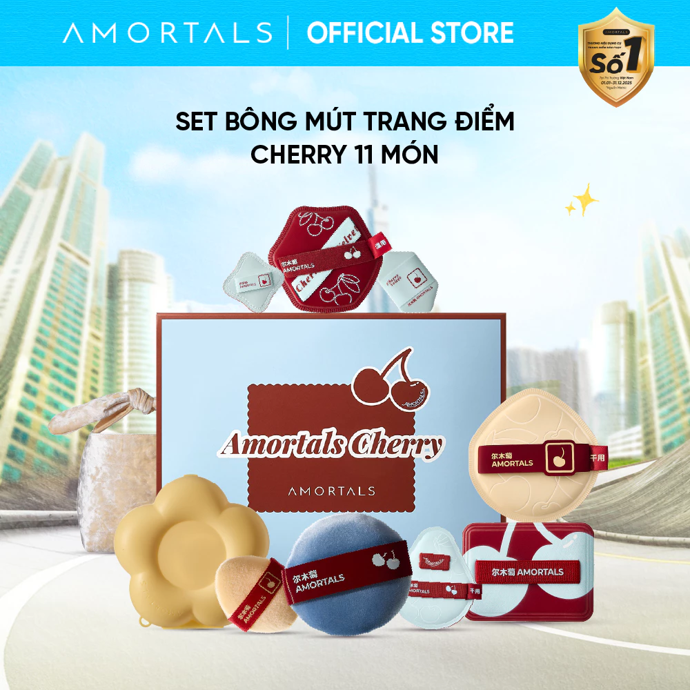 Bộ 11 Bông Mút Trang Điểm AMORTALS Cherry All In – Bộ Mút Makeup Đầy Đủ Khô & Ướt, Tán Nền Mịn Căng Bóng, Dễ Dùng