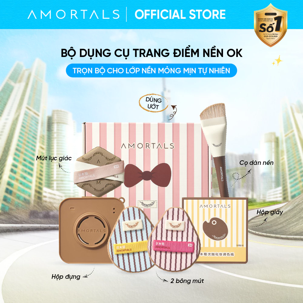 [BD] Bộ Bông Mút & Cọ Tán Nền Amortals OK 6 Món – Trọn Bộ Trang Điểm Dễ Dùng Cho Người Mới, Nền Mịn Lì & Căng Bóng Tự
