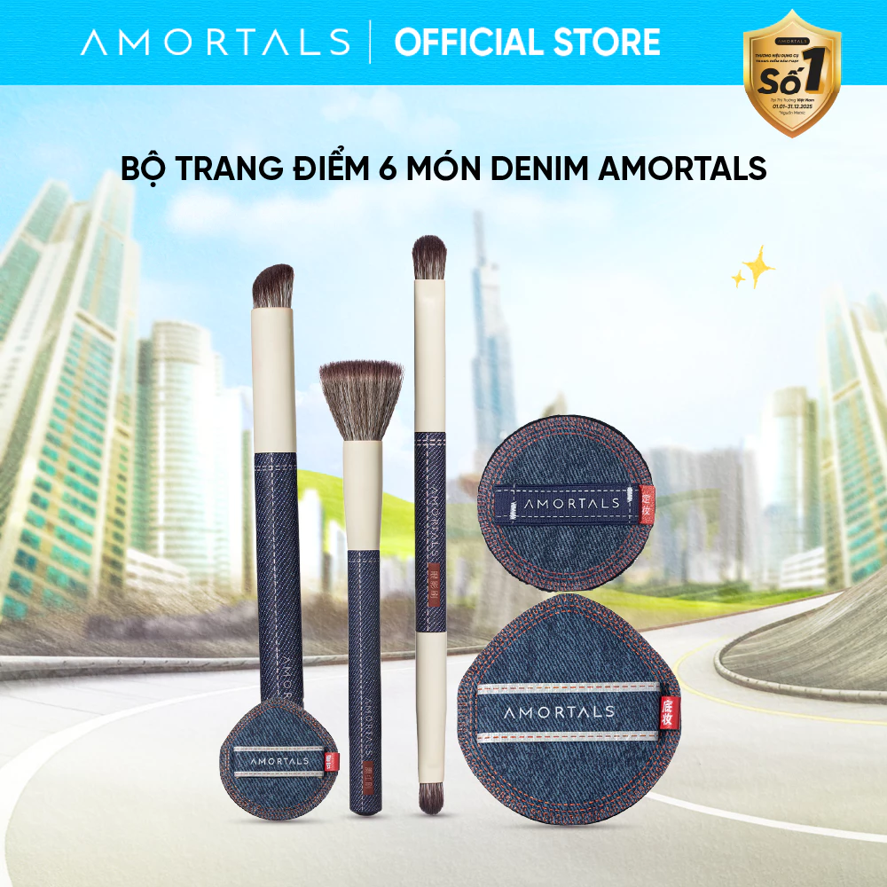 Bộ Trang Điểm 6 Món Denim Amortals, Thiết Kế Dễ Dùng Cho Người Mới, Dùng Cho Cả Phấn Bột & Kem