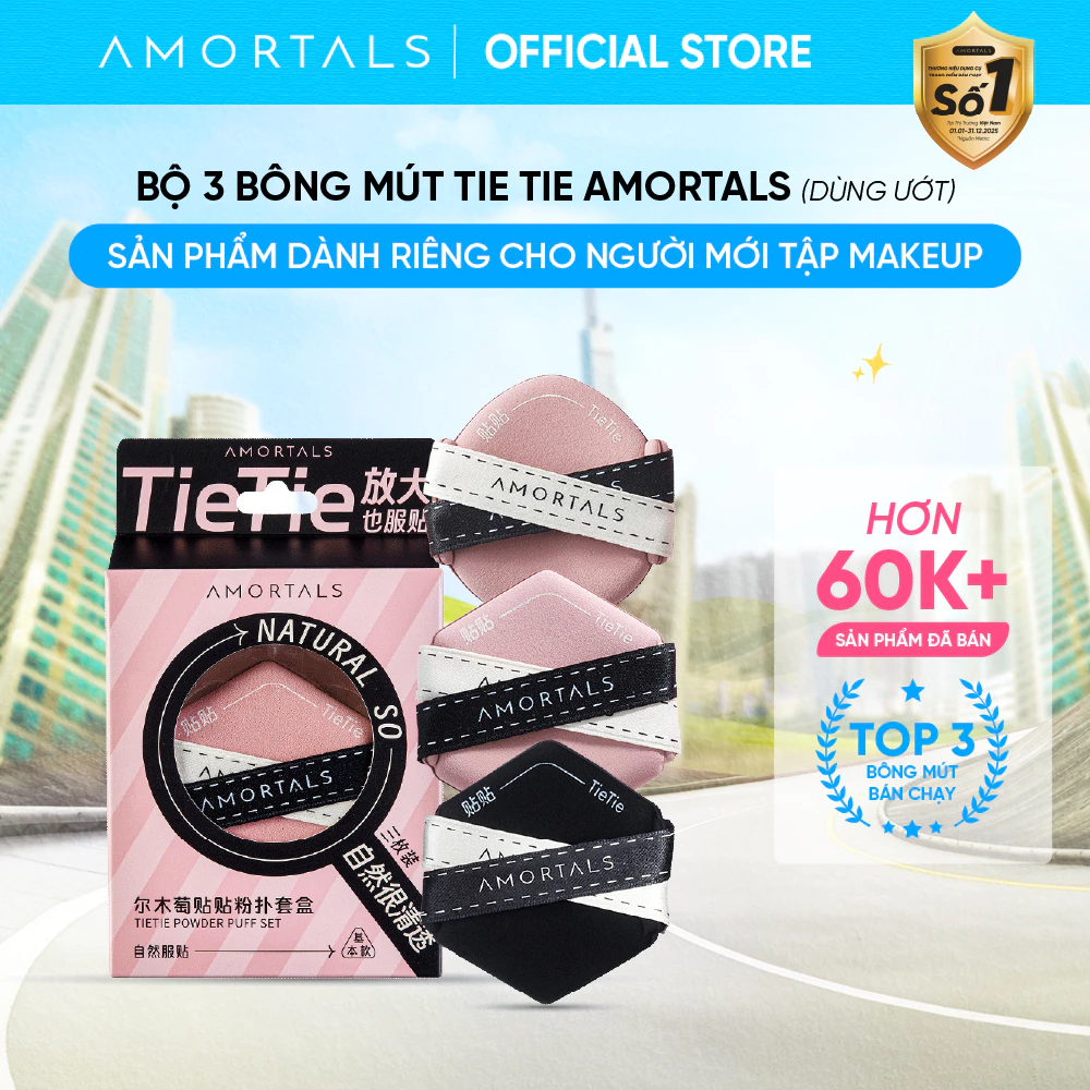 [LIVE] Mút Trang Điểm AMORTALS Tie Tie 2 Mặt Set 3 Miếng Tán Nền Che Khuyết Điểm Mịn