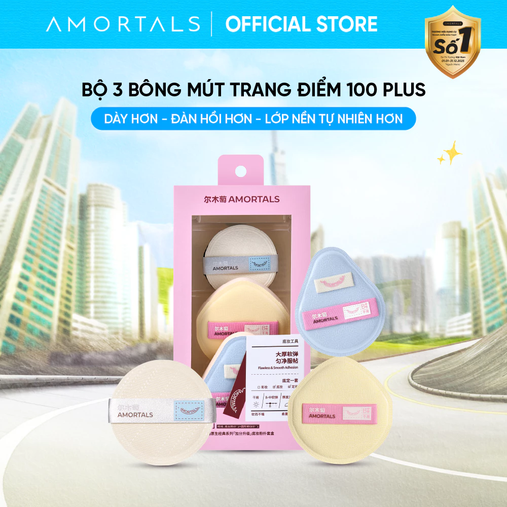 [BD] Bộ Bông Mút Trang Điểm 100 Plus Phiên Bản Nâng Cấp - Mút Rubycell 20mm, Che Phủ Cao, Ít Hút Kem, Kèm Mút Phấn Phủ